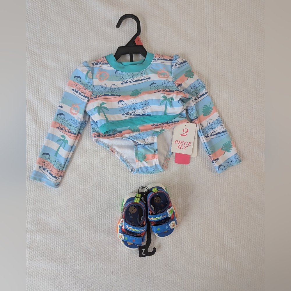 Cocomelon Toddler  Rashguard Swim Set Plus Sandals Sizes 18 M And 2T.